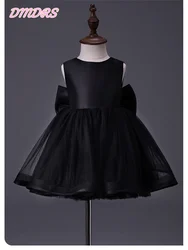 Vestido de flores negro satinado para niños, lazo de cumpleaños sin mangas, vestido de baile Retro, vestido de princesa hasta la rodilla, manga larga corta