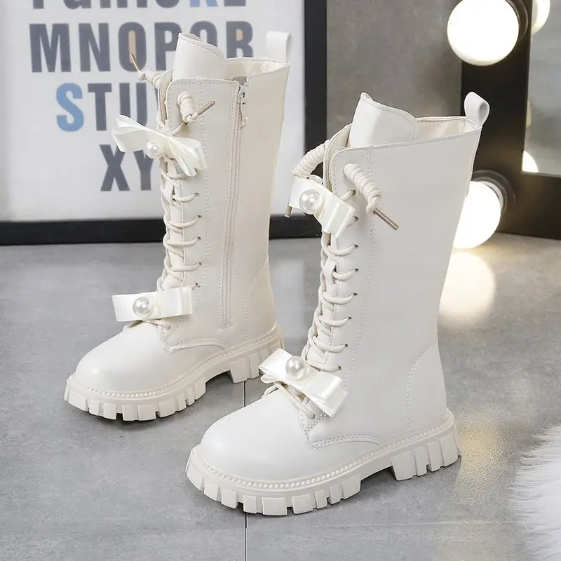 Design Ribbon Bow Pearl Girls Princess Boots Solid PU Leather Zip Children Fashion Boots 2023 Non Slip Kids Knee High Shoes