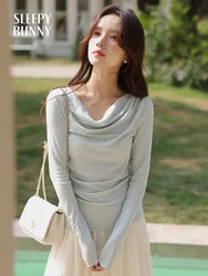 Women Elegant Cowl Neck Long-Sleeve T-Shirt - Slim Fit Casual Top Flattering Petite-Friendly Basic Tee for Chic Spring Outfits