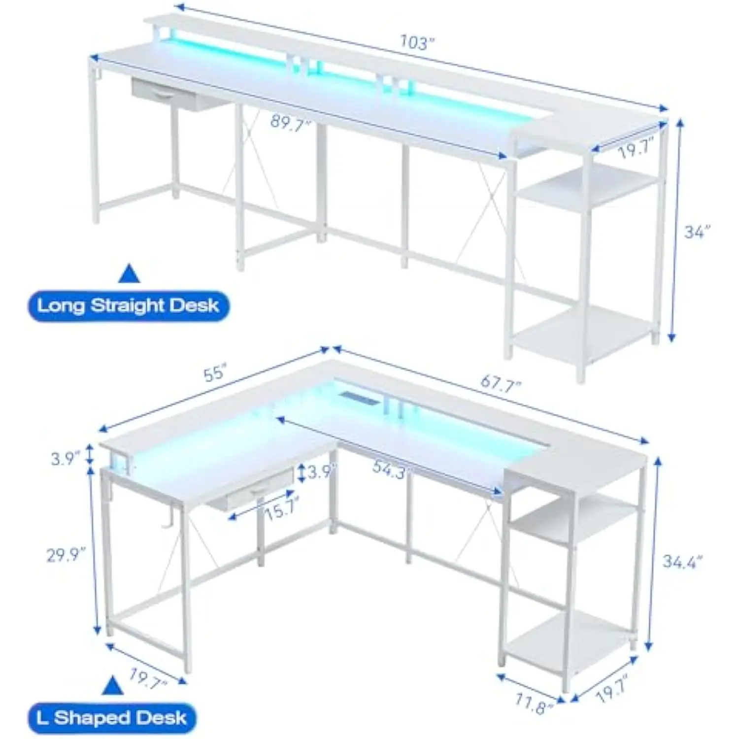 L Shaped Gaming Desk,68 Computer Desk with Power Outlets & LED Lights, Home Office Desk with File Drawer, Corner Desk with Mon