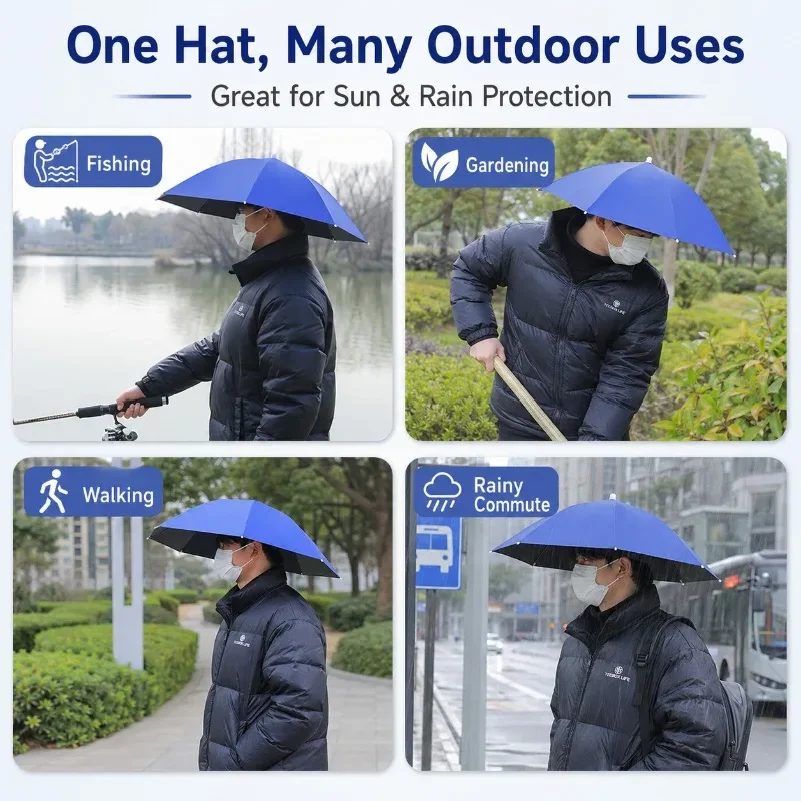 Hands-Free Umbrella Hat, 70cm Sun Rain Head Umbrella with UV Black Underside for Fishing Gardening Walking