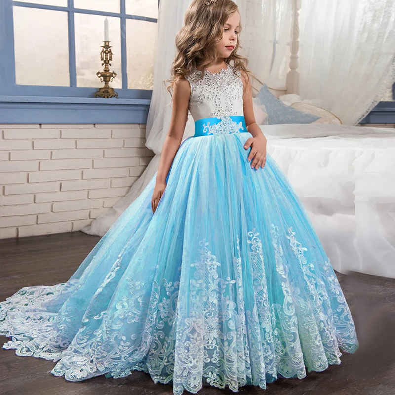 Girls Lace Princess Long Prom Gowns Bridesmaid Kids Dresses For Girls Teens Girl Children Formal Wedding Party Dress 3 10 14 Yrs