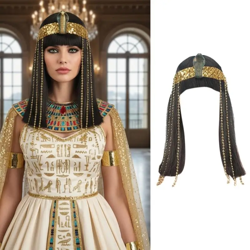 39BD Cleopatra Short Straight Bob with Egyptian Snake Headpiece Egyptian Queen Costume for Halloweeen Cosplay Party