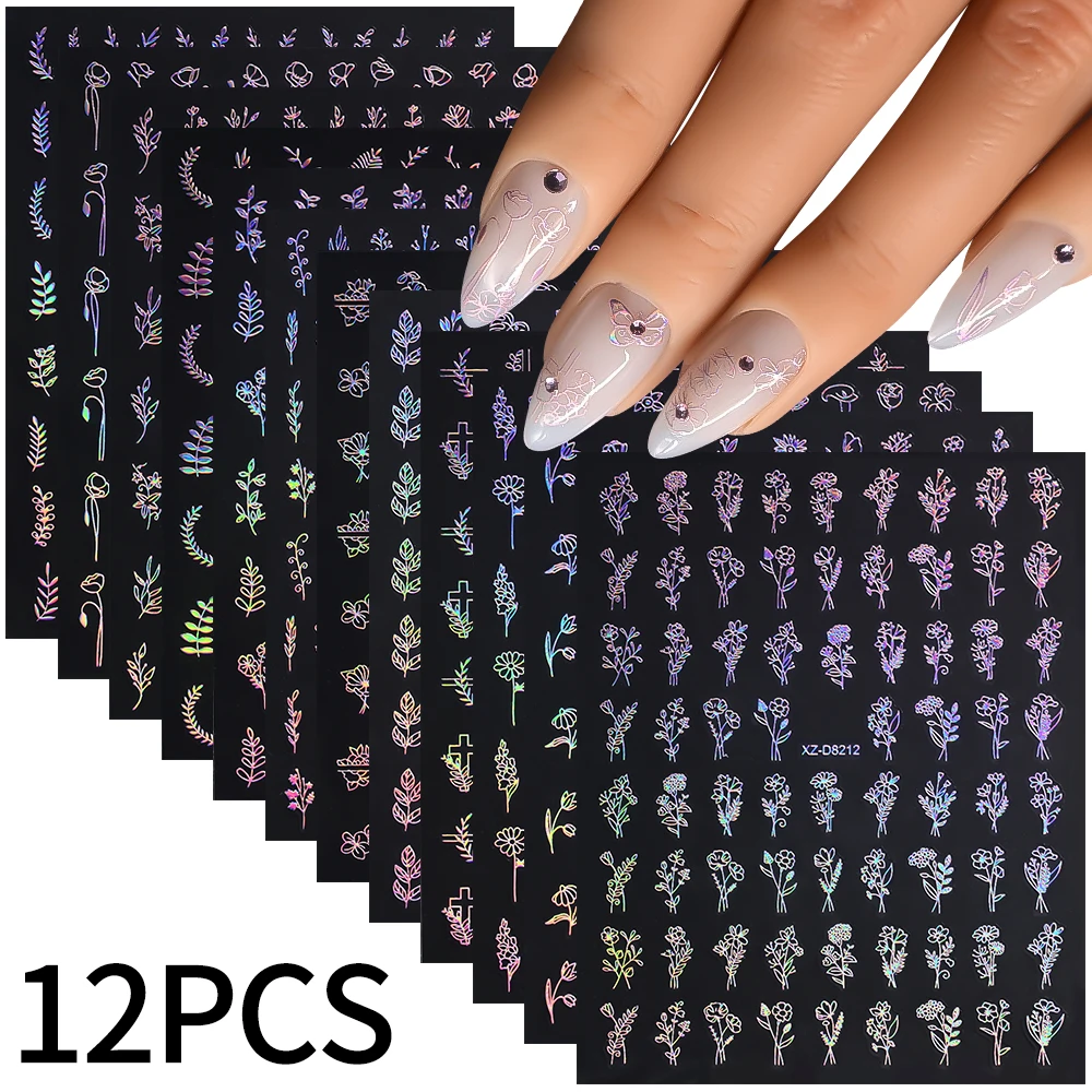 12 pçs/set 3d folha brilhante flor etiqueta da arte do prego laer ouro bronzeamento folhas decalques do prego 8*10cm auto-adesivo suprimentos da arte do prego e5 #