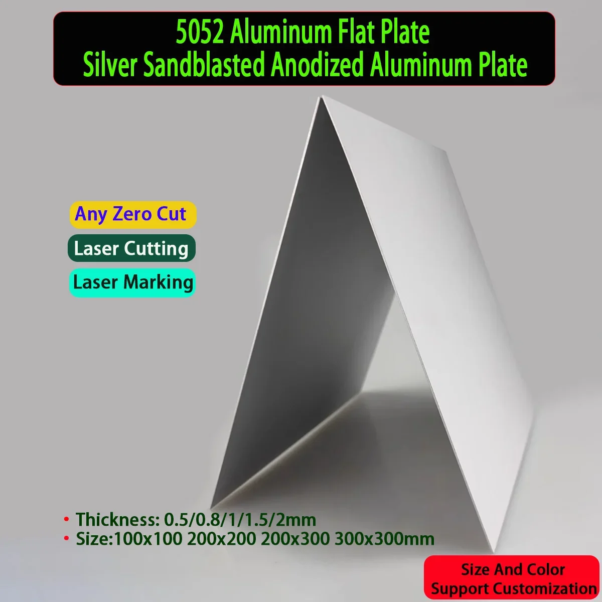 

5052 Aluminum Flat Plate Silver Anodized Aluminum Alloy Plate Size100x100 200x200 200x300 300x300mm Thickness 0.5/0.8/1/1.5/2mm