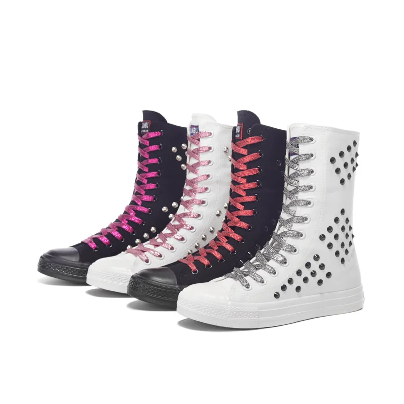 

Новые модные женские парусиновые полусапожки на молнии, открытые высокие кроссовки с заклепками, украшения в стиле ретро, студенческая черно-белая спортивная обувь
