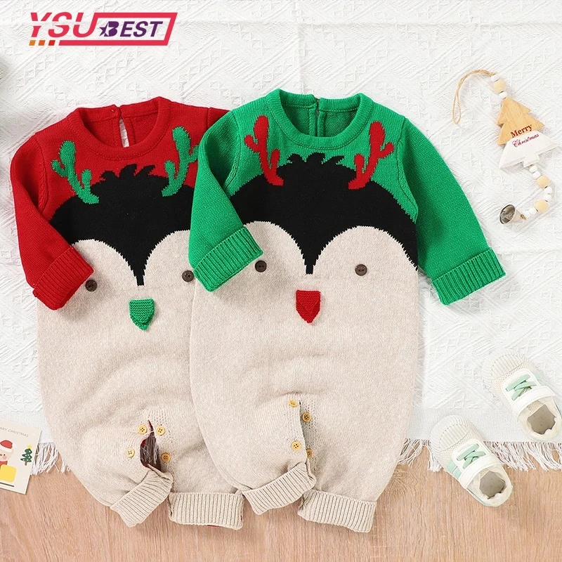 

Toddler Knit Playsuits Newborn Baby Rompers Knit Winter Red Christmas Cartoon Penguin Infant Kids Boys Girls Jumpsuits Costumes