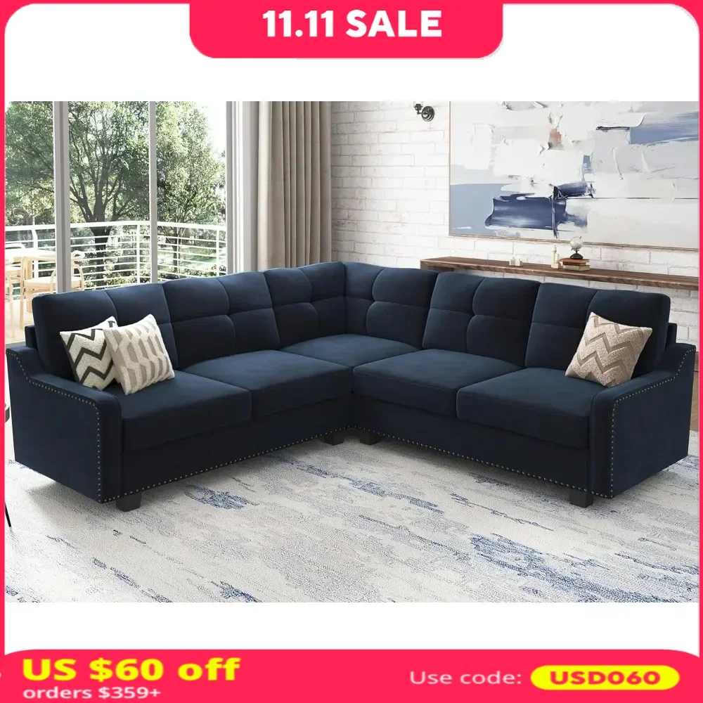 

Convertible sectional sofa， L Shaped Couch for Small Apartment ,Velvet Dark Blue,Living Room Sofas.