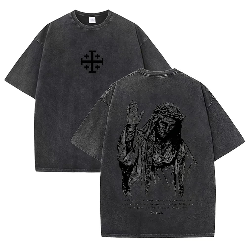 2026 Jesus With Crown of Thorns T Shirt Vintage Washed Grey Graphic Tee Unisex Casual Religious Top men clothing