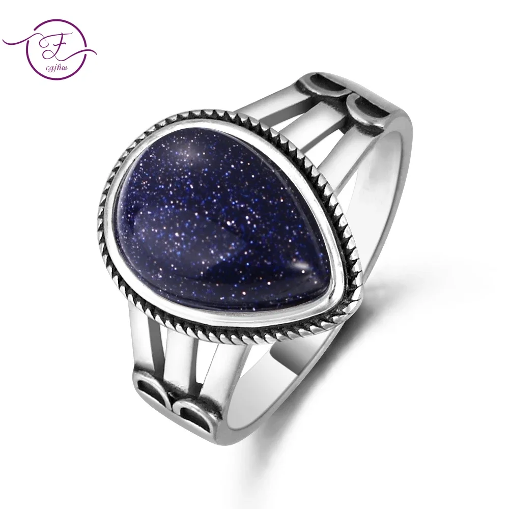 

Punk Natural Blue Sandstone S925 Sterling Silver Ring for Women Fine Jewelry Party Anniversary Wedding Engagement Birthday Gift