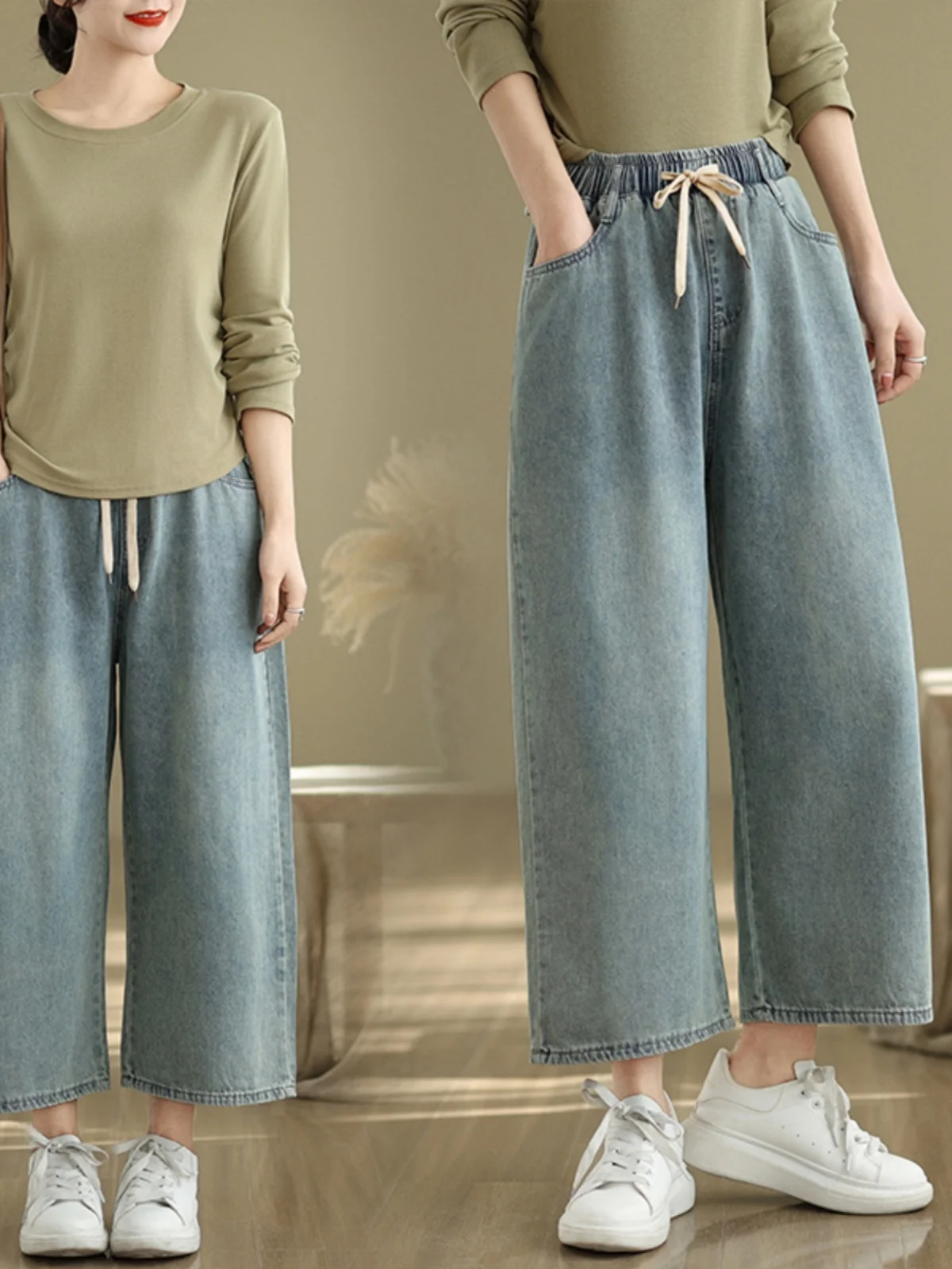 Artistic Wide Leg Denim Jeans Women's Spring Loose Small Size Nine Point Retro Slim Straight Tube Pants Elastic Waist Drawstring