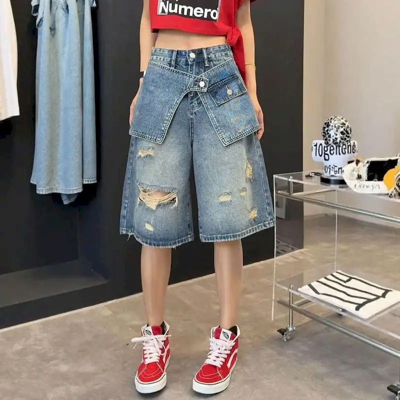 

Denim Wide Leg Pants Loose 2026 Summer Large Size Five-point Pants American Style Ripped Jeans Vintage Women Baggy Y2k Clothes