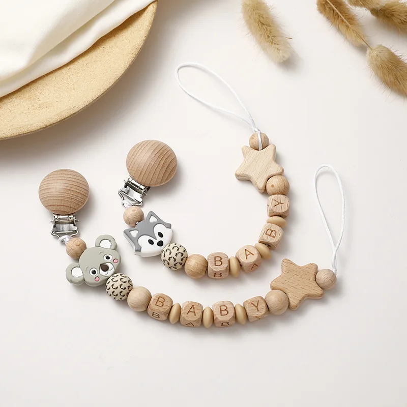 INS Baby Pacifier Clip Chain Wooden Dummy Nipple Holder Clips Silicone Bear Koala Animal Teethers Newborn Teething Toys BPA Free