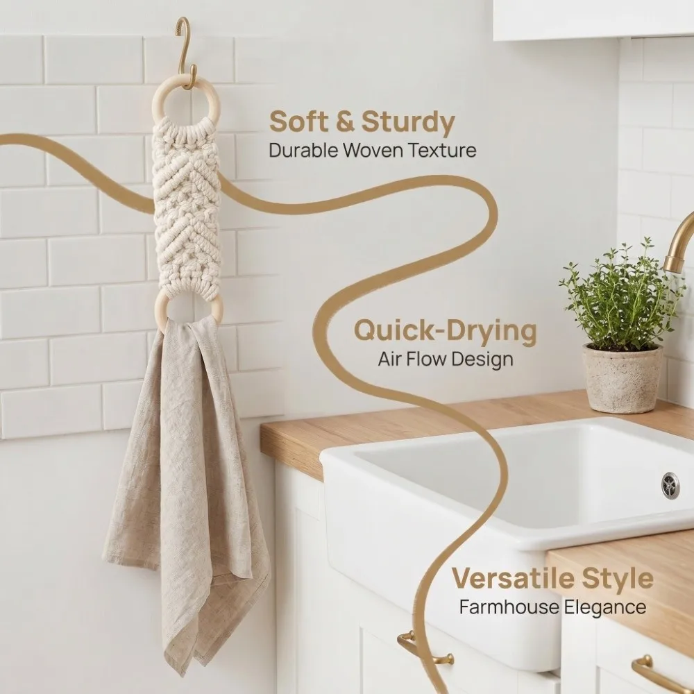 

3 PCS Wooden Ring Cotton Rope Macrame Towel Holder Handmade Crochet White Grey Brown Towel Holder Ring Space Saving Durable