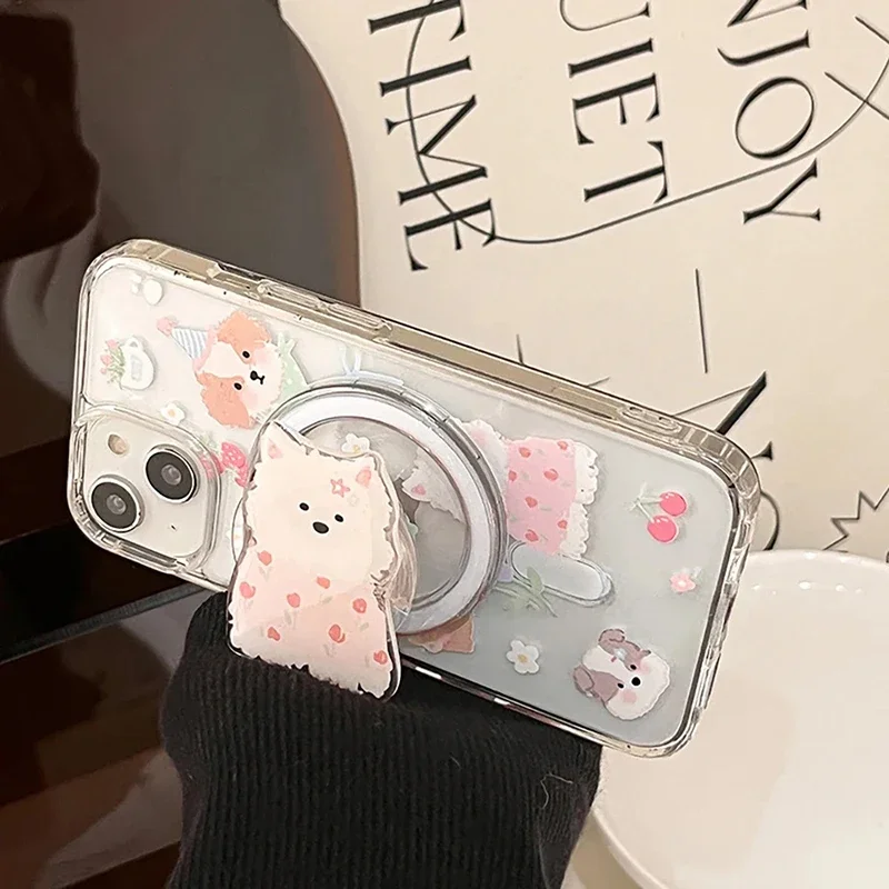 Cute Dog Flower Magsafe Case For iPhone 16 15 14 Pro Max 11 12 13 Pro XS Max X XR 7 8 Plus Magnetic Stand Holder PC Clear Cover