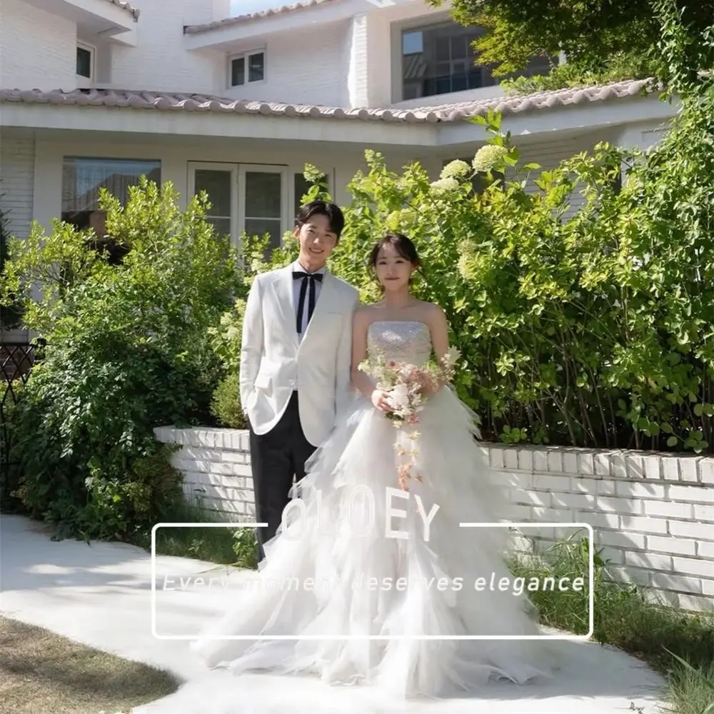 OLOEY Luxury Strapless A-line Wedding Dress Muti-layered Tulle Floor Length Bridal Gown Customized Korea Photoshoot Corset Back