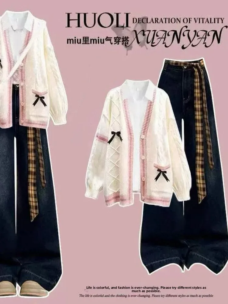 

Fashionable Sweater Jacket Set for Junior And High School Students New Year Ootd Japanese Style Girls Warm Polyester Blend
