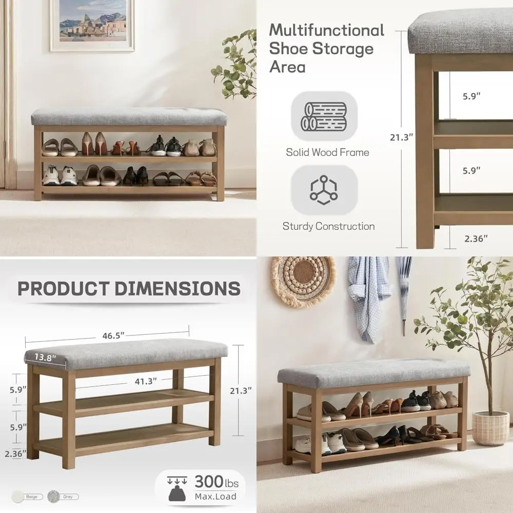 رف أحذية من الخشب الصلب بطبقتين حديث من منتصف القرن مع وسادة لتخزين المدخل والممر #1