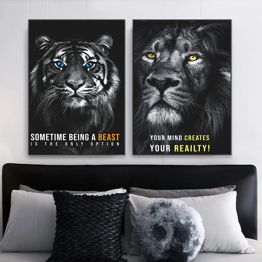 Modern Wild Life Animal Wall Art Poster Neutral Colorful Lion Quote Poster Motivational Canvas Painting Home Reading Room Decor