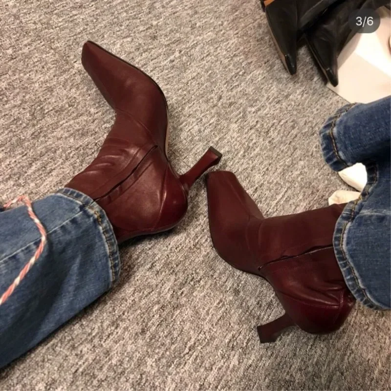 

Retro Square Toe Stiletto Boots Suede Material Burgundy Nude Botines Women High Heel Leather Botas Femininas Slip On Shoes