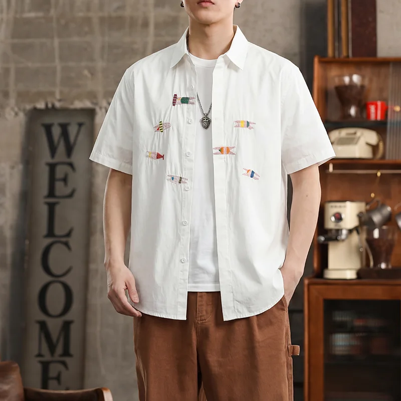 

Summer Shirt Men Embroidery Fashion Loose Casual Short Sleeve Pure Cotton Shirts Male Streetwear Cityboy Shirts Blouses Tops