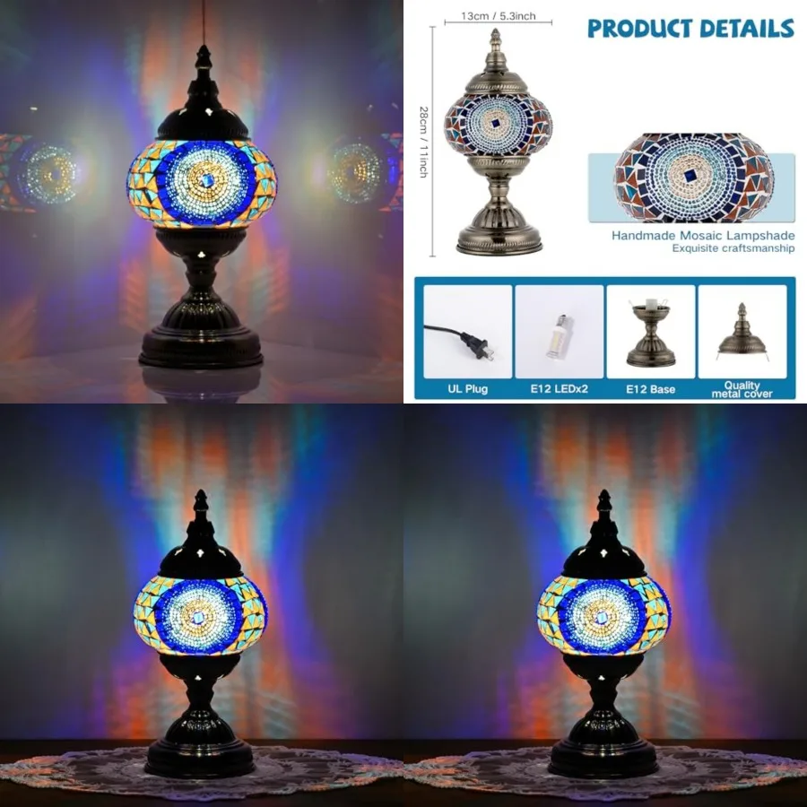 

Turkish Moroccan Table Lamp Lantern with Handmade Mosaic Glass Lampshade Tiffany Style Bohemian Stained Glass Decorative Desk L
