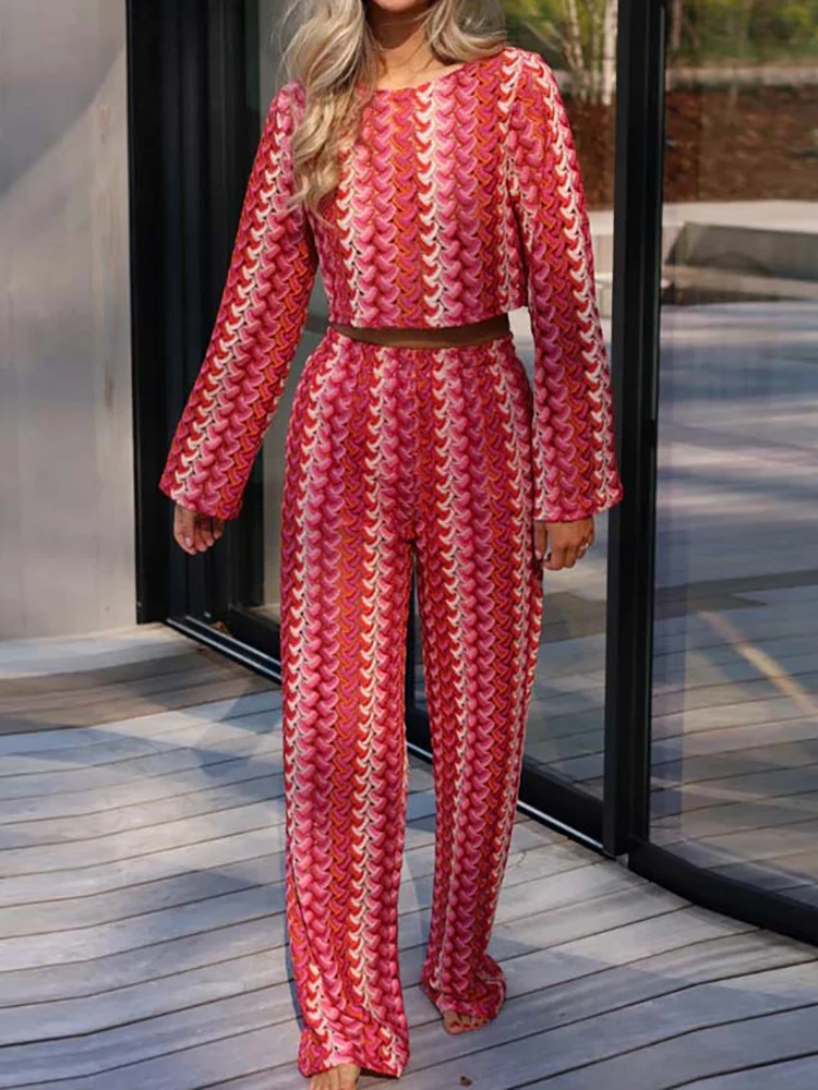 

O Neck Short Top Hook Flower Hollow 2PCS Sets, Women Autumn Wide Leg Pants Chic Outfit, 2025 Loose Patchwork Simple Ladies Suits