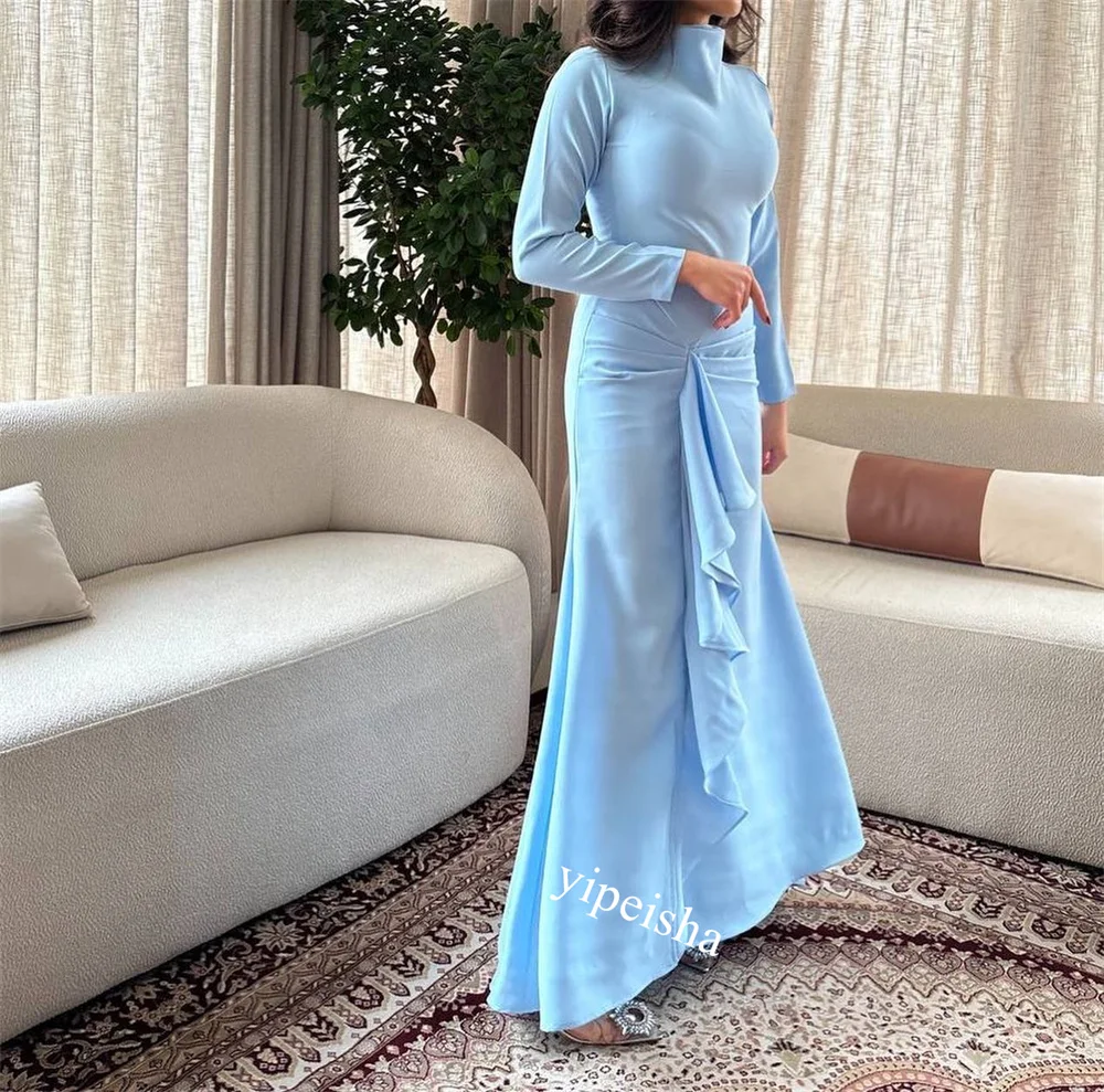 Personalizado Arabia Saudita Charmeuse volantes boda fiesta vaina cuello alto vestido de ocasión a medida Midi es