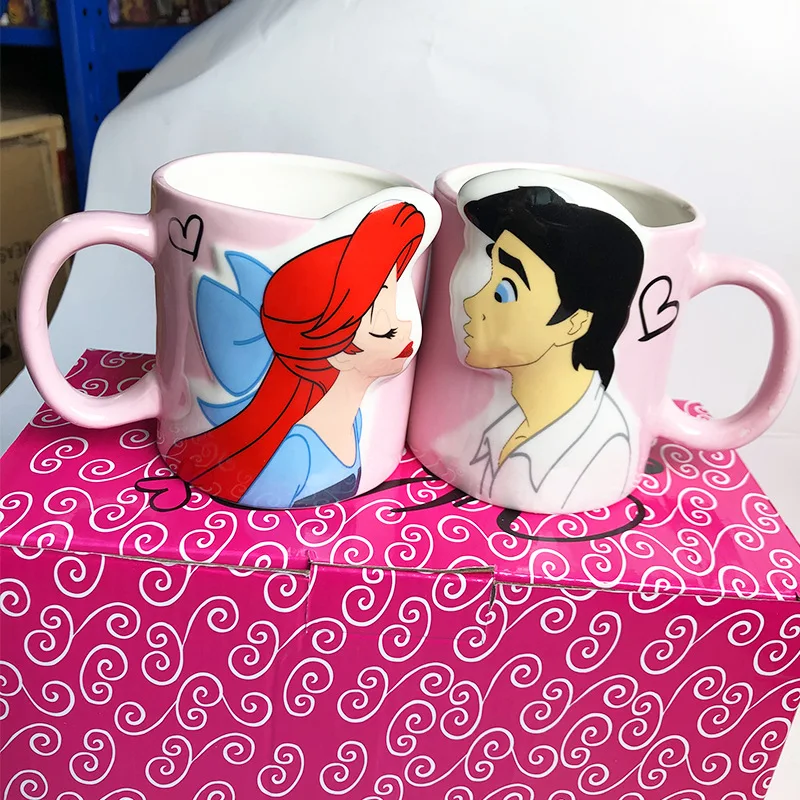 Disney 2 pieces Princess Couple Mug Mermaid Ceramic Mug Beauty Beast Ceramic Mug Double Snow White Coffee Gifts Couple Mugs