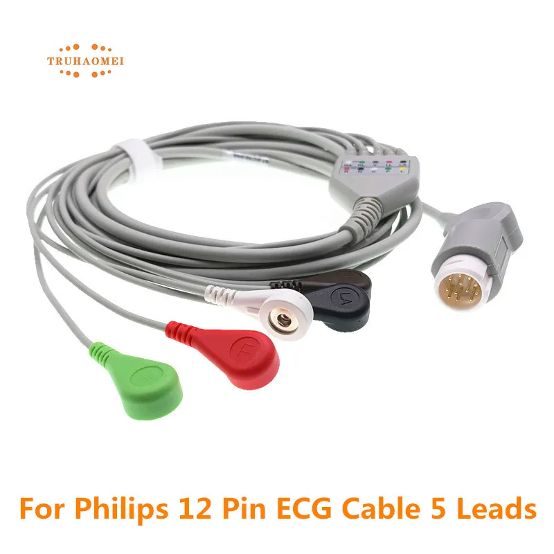 For Philips ECG Cable 12 Pin One Piece 5 Leadwires or 3 Leads Snap or Grabber AHA Standard Veterinary Clip M2 M1001A M1175A