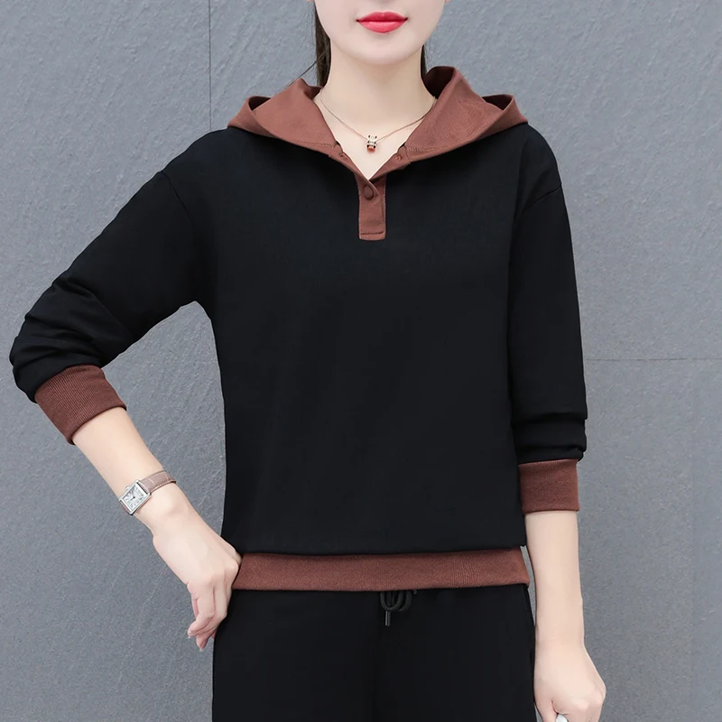 

New Women'S Fashion Versatile Hooded Sweatshirt For Spring Autumn Middle-Aged Mothers Casual Loose Long Sleeved Pullover Top