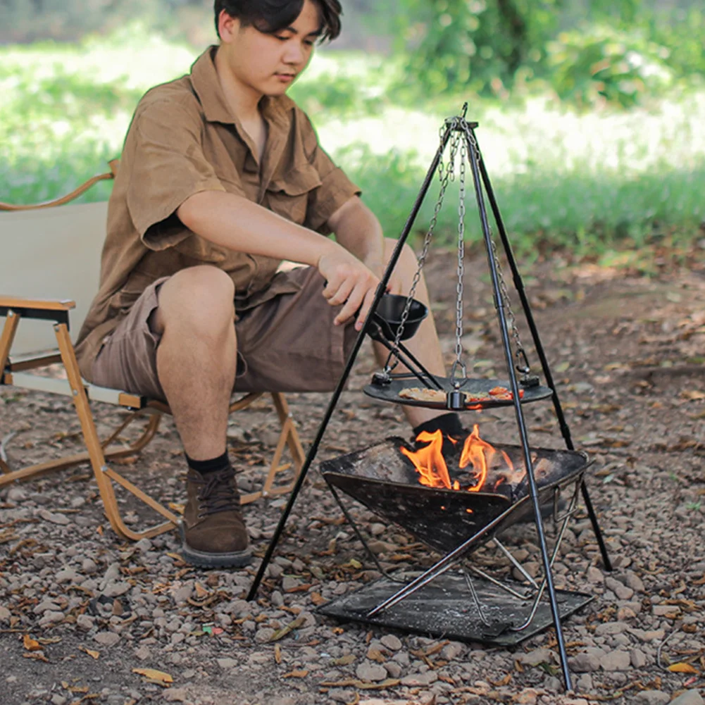 

Barbecue Tray Bracket Multifunctional Barbecue Pan Hanger Portable Adjustable Metal with Chain Outdoor Camping Supplies