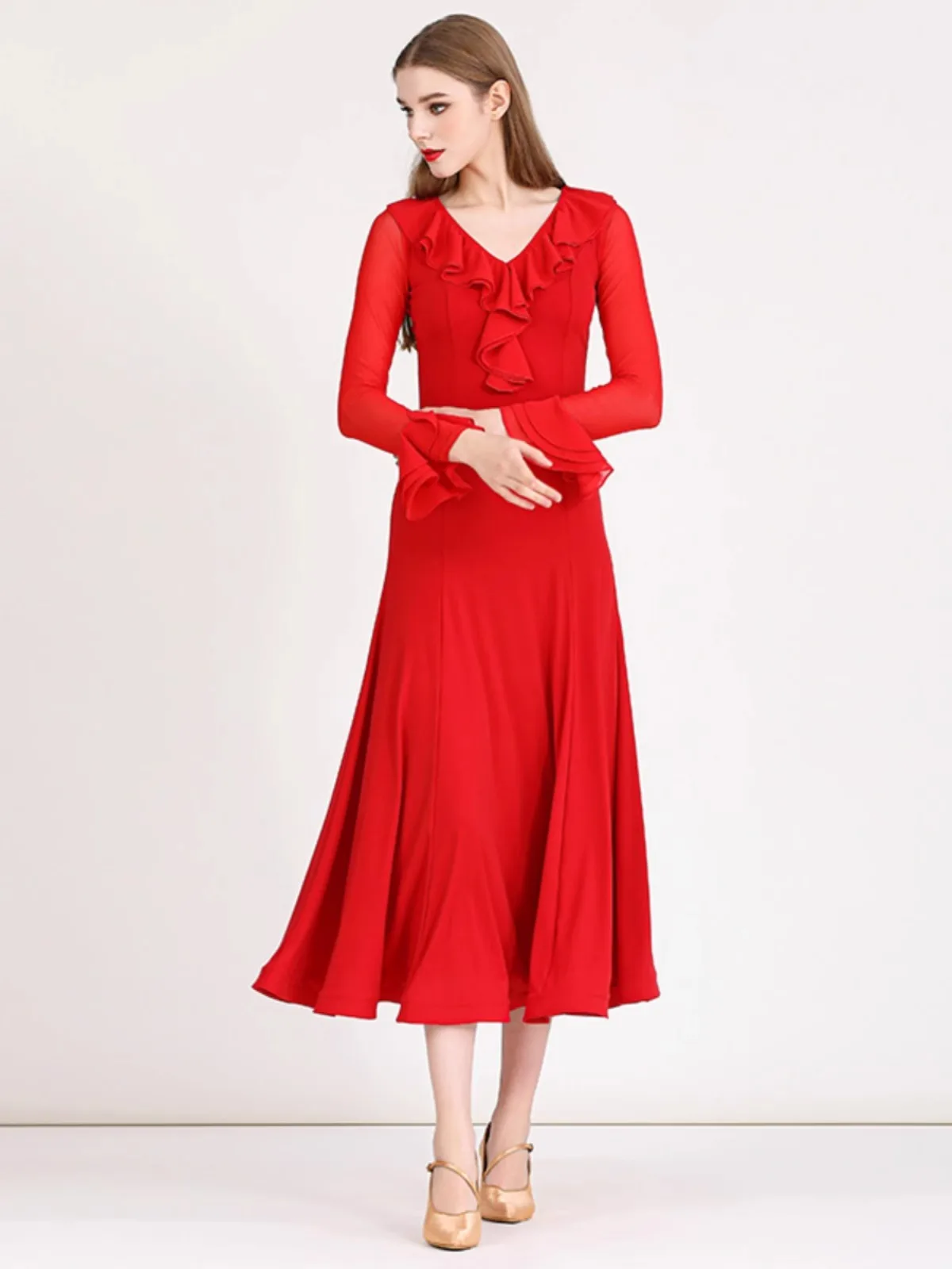 Roter Rüschen kragen Frauen Ballsaal Tanz kleid Swing Flamenco Tango Tanz kostüme Tanz tragen elegantes Party kleid