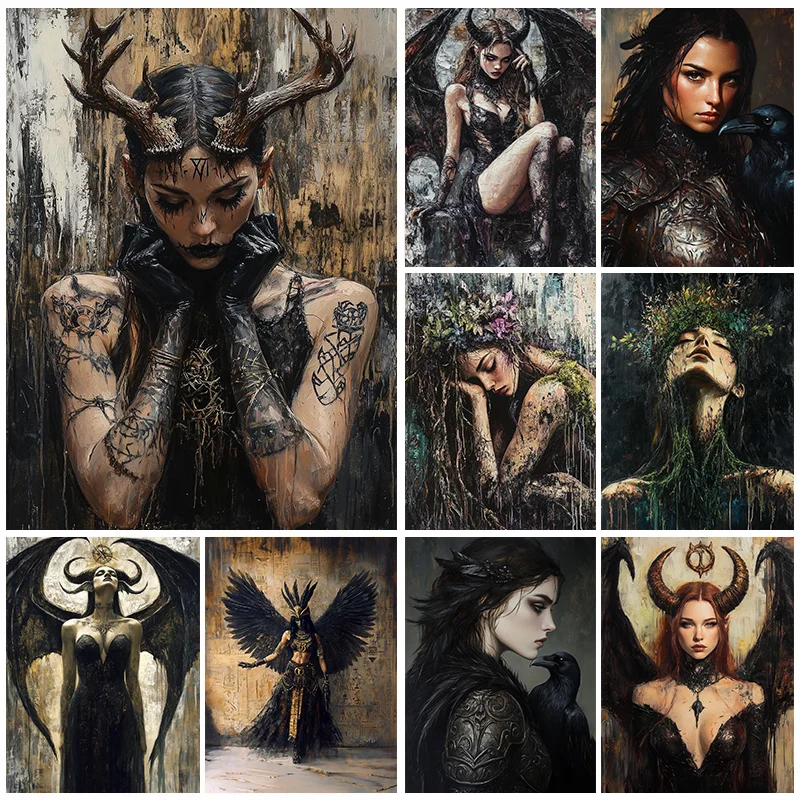 Hermosa impresión artística de Lilith, diosa con cuernos, dios femenino Sexy con alas de dragón negro, pintura decorativa, póster de fantasía oscura imprimible