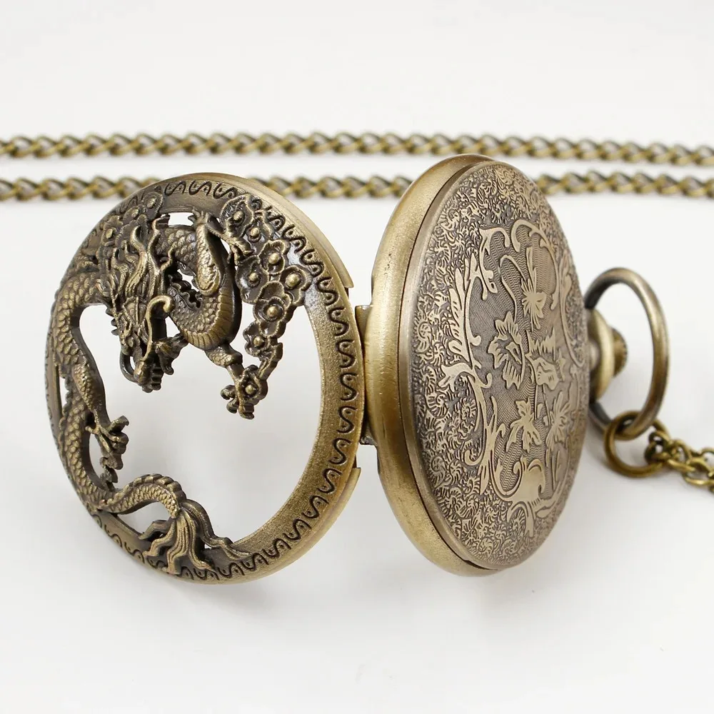 골동품 절묘한 드래곤 양각 중공 석영 주머니 시계 남자 목걸이 펜던트 시계 여성 쥬얼리 액세서리 선물