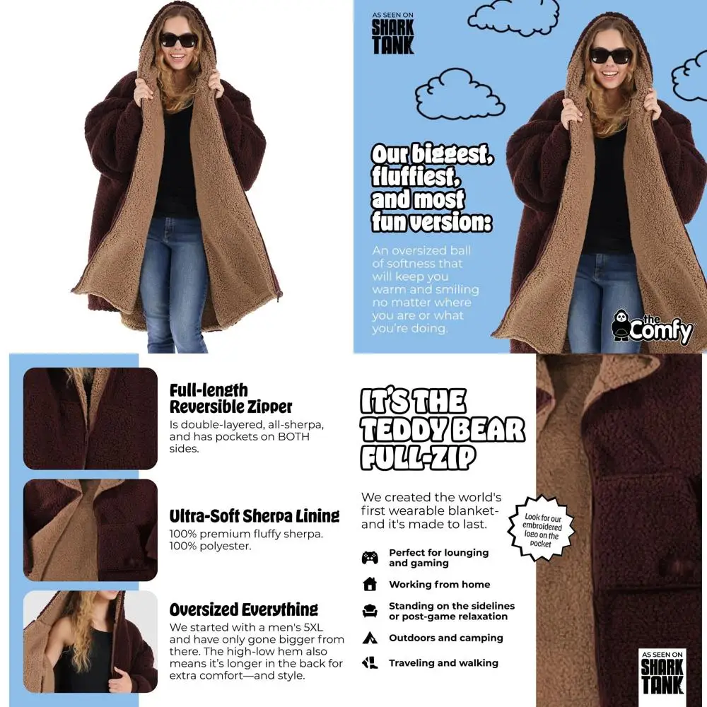 

Reversible Sherpa Lined Wearable Blanket with Full Zip, Oversized Hooded Design