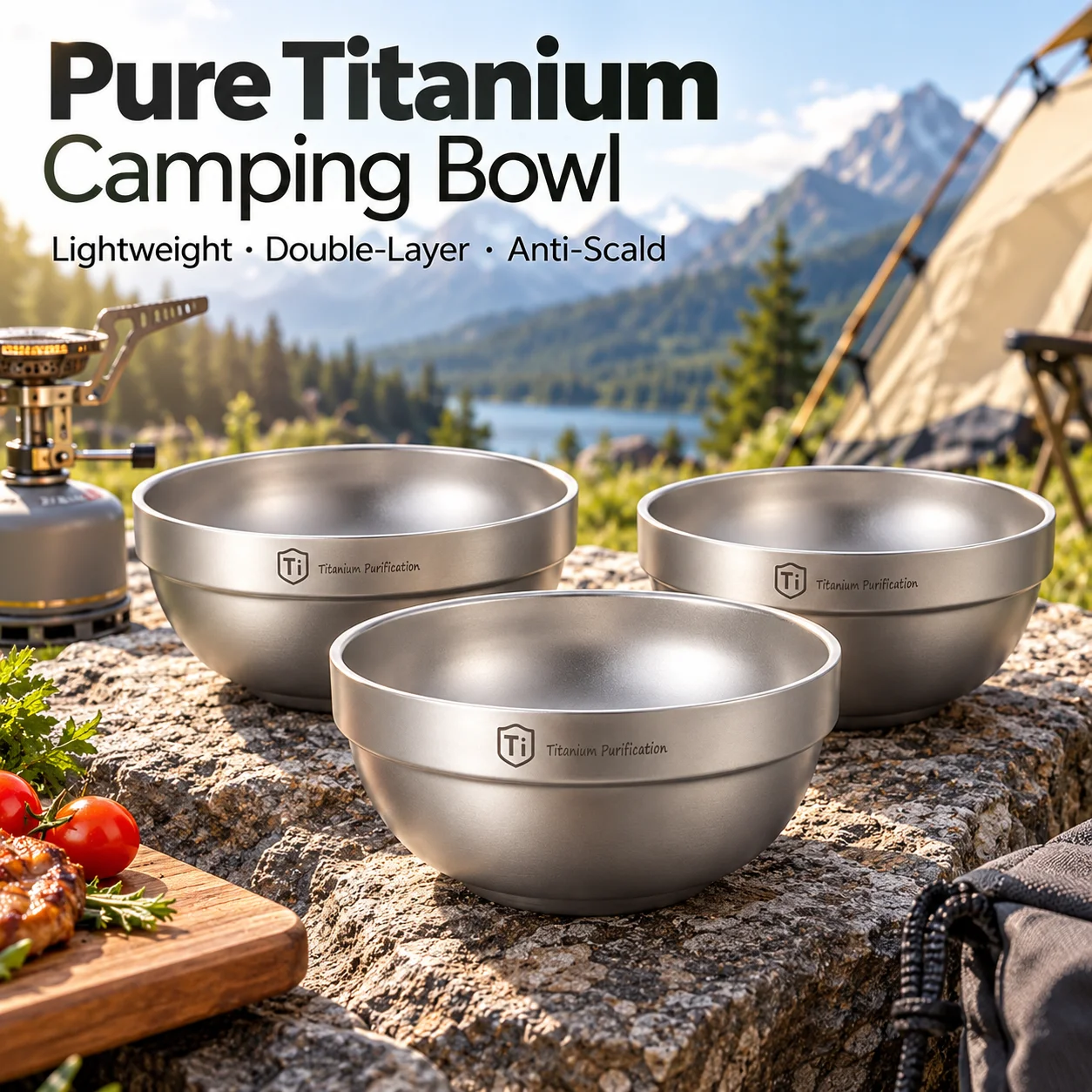 Camping Outdoor Cooking Table - Mangkuk Camping Titanium Murni Lapisan Ganda