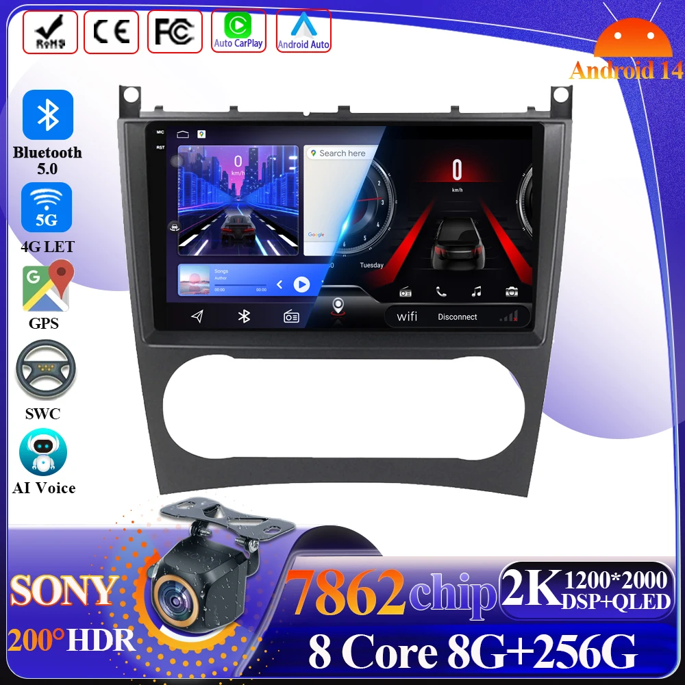 Android 14 Auto CarPlay For Mercedes Benz C-Class W203 W209 C180 C200 CL203 C209 A209 2004-2011 Multimedia Player 5G GPS Display