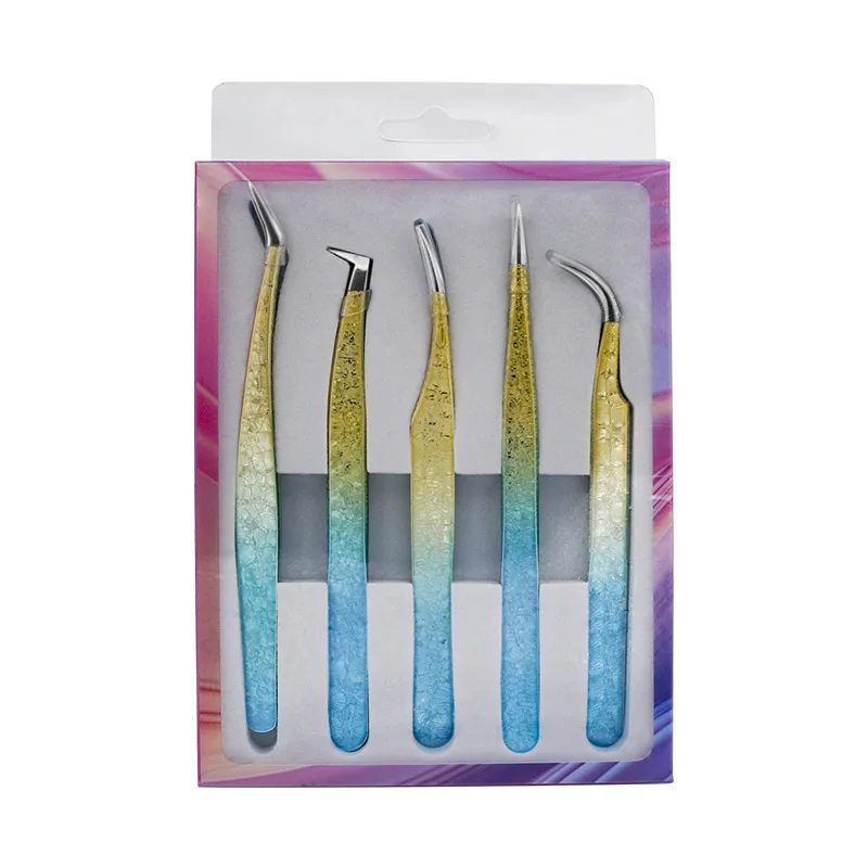Set di pinzette per ciglia con fiori di ghiaccio da mille gradi Set di clip per piume dorate in acciaio inossidabile nano innesto universale viola blu