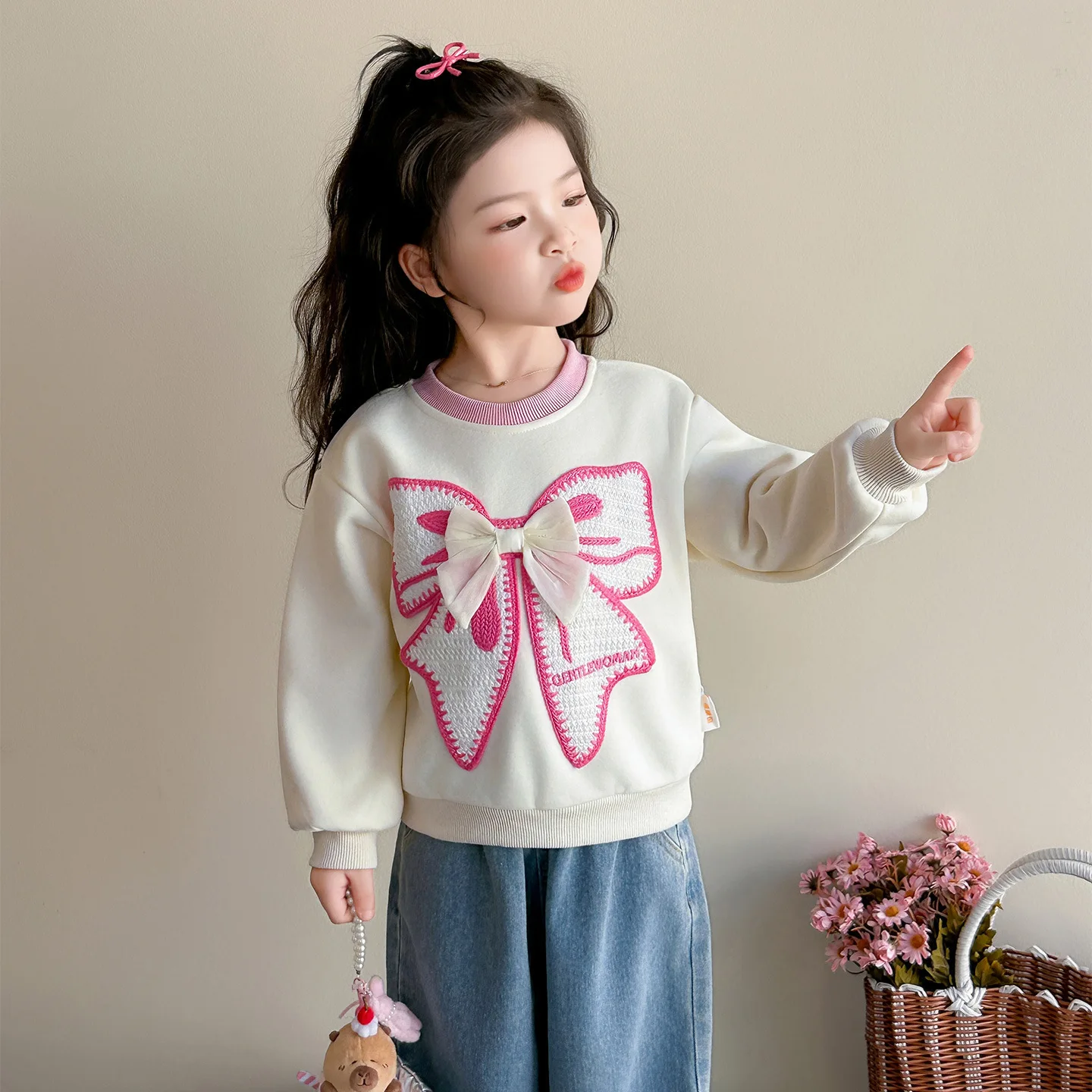 Girls Cute Spring Autumn New Lady Style Sweatshirt Medium Small Versatile Sweet Top 3D Bow Knot Long Sleeve Trendy