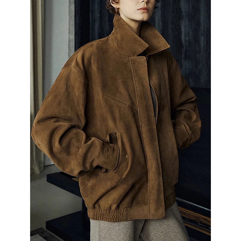Coffee Retro Kid Suede Jacket for Women New High Sense Loose Oversized Casual Simple Genuine Leather Coat Abrigos Invierno Mujer