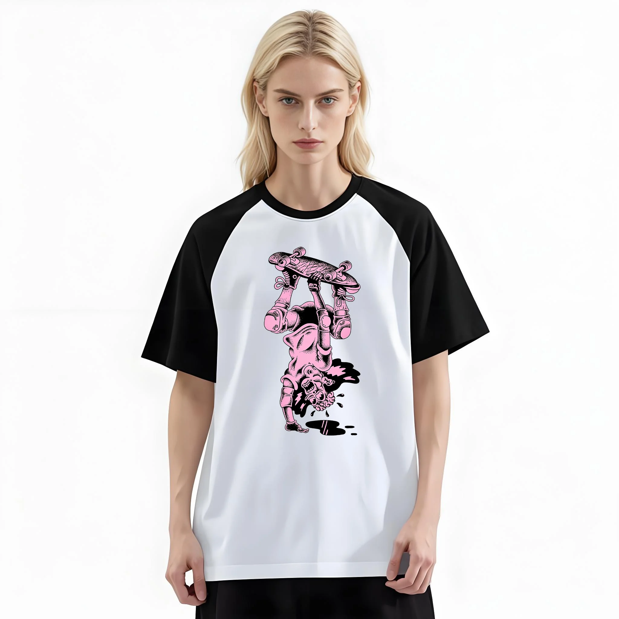 Women'S Fashion Raglan Sleeve T-Shirt, Pink Skateboard Guy Grunge Street Art Printed, Summer Casual Comfortable Tee, Women'S Everyday Short-Sleeve Top