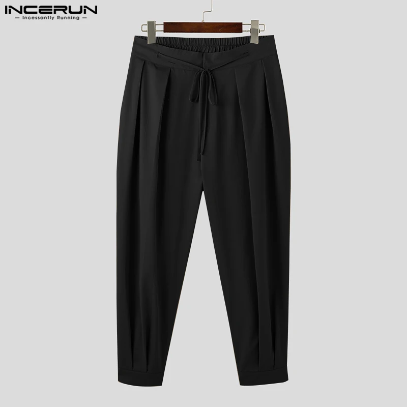 2023 Pantaloni da uomo di moda Tinta unita Lace Up Pantaloni a pieghe Pantaloni casual da uomo Allentati Streetwear Pantaloni lunghi per il tempo libero S-5XL INCERUN