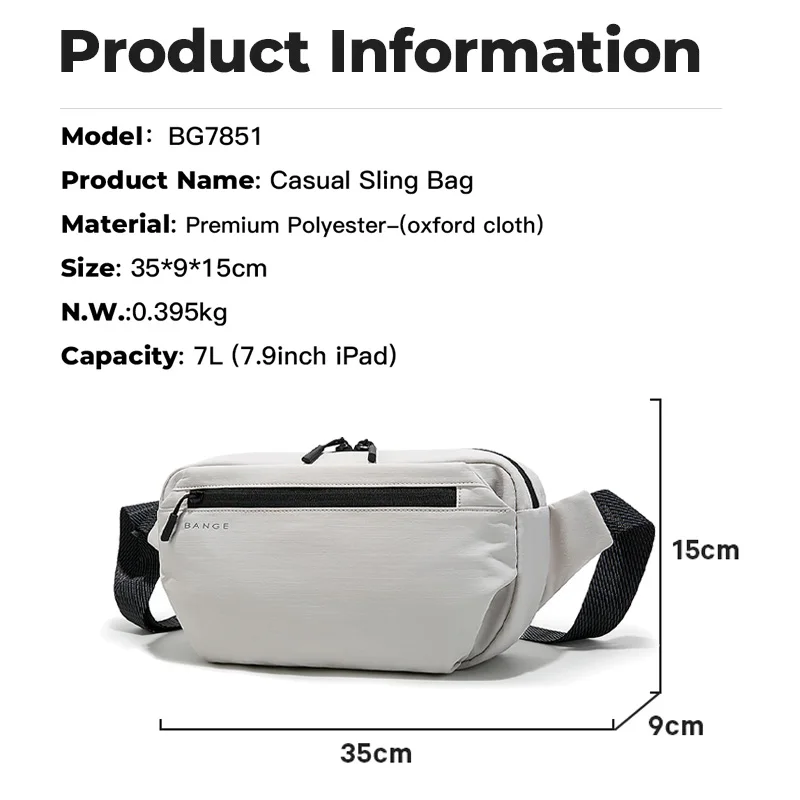 Bolsa de Peito Antifurto Impermeável BANGE com Múltiplos Modos de Transporte, Bolsa Transversal de Ombro para Viagem Masculina, Ideal para Esportes ao Ar Livre, Compatível com Tablets de 7.9''