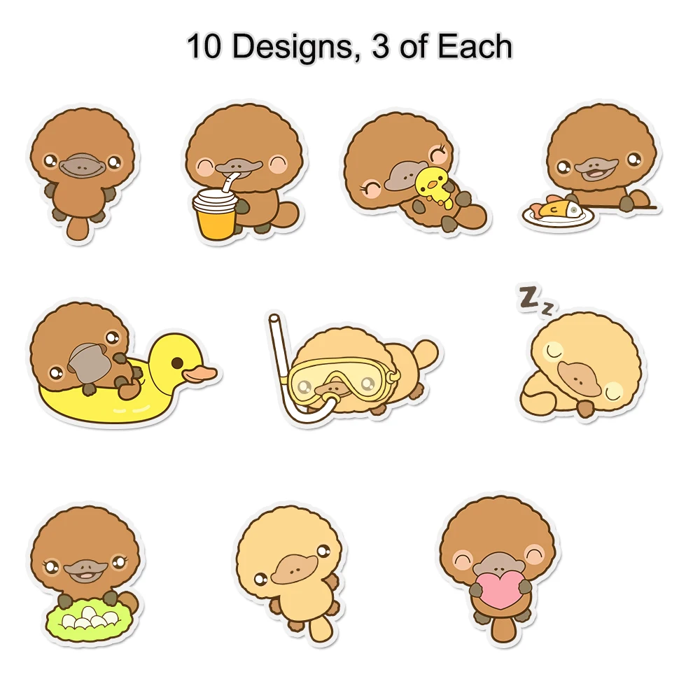 Set of 30 Kawaii Cute Platypus Stickers for Scrapbook, Journal and Notebook, DIY Craft Decals for Laptop, Bottle and Card Making