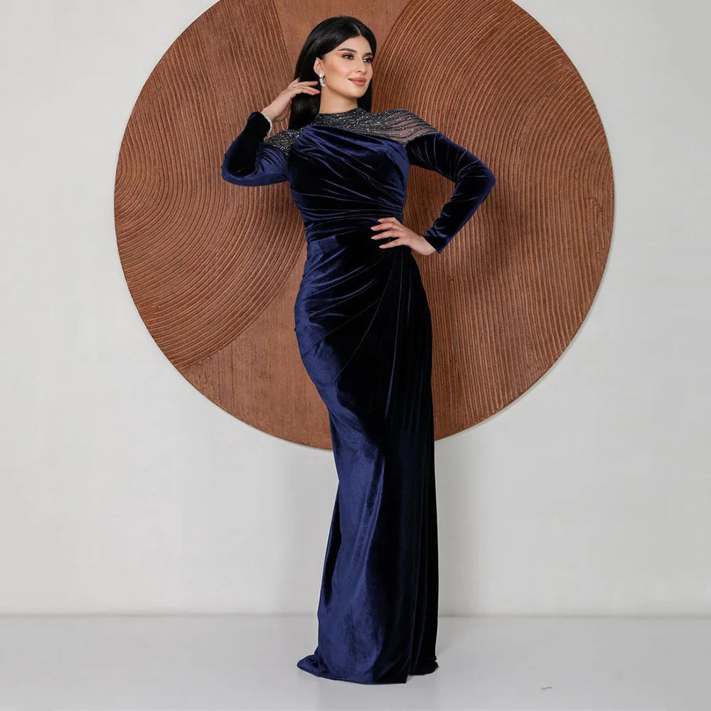 

Velour Patchwork Illusion High Straight Long Sleeve Formal Party Dress Pleat Zipper Evening Dresses Slit Prom Gown