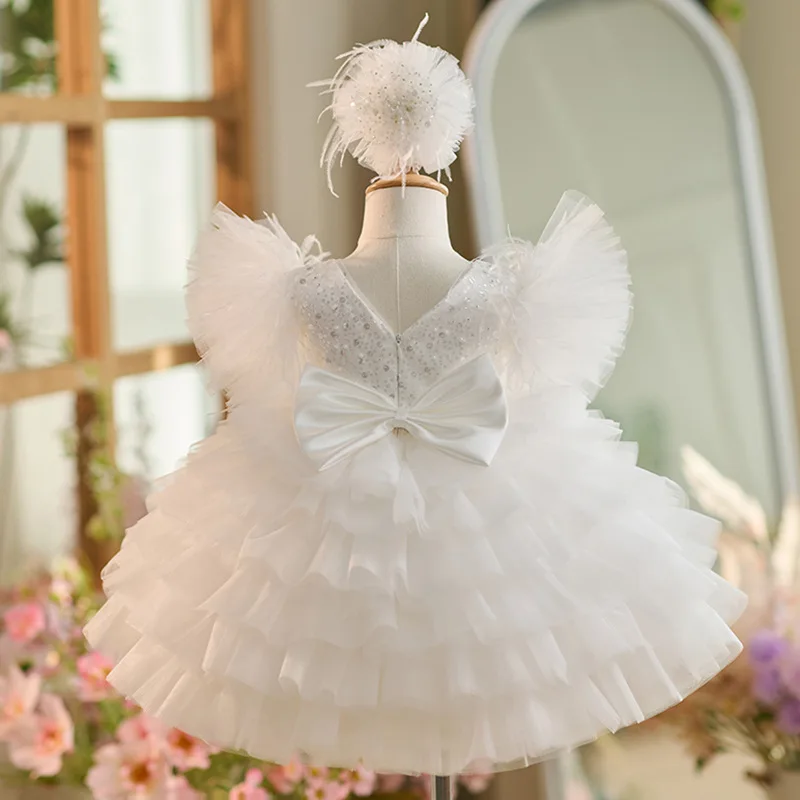 New White Flower Girl Dresses Tulle Sequin Top O Neck Girls Birthday Party Gown Baptism Christmas Dresses