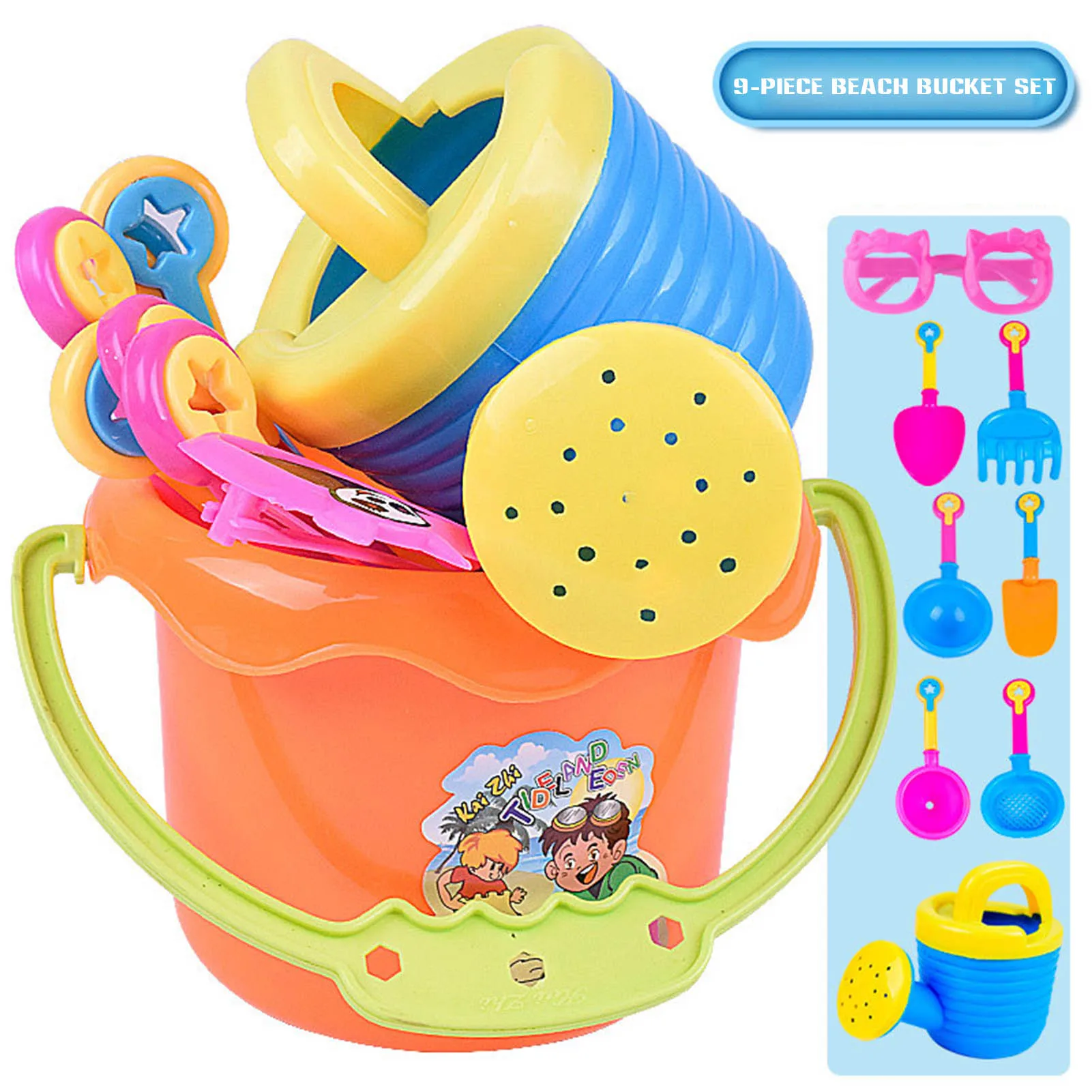 9pcs Kids Sand Beach Toys Castle Bucket Spade Shovel Rake Water Tools Sunglasses