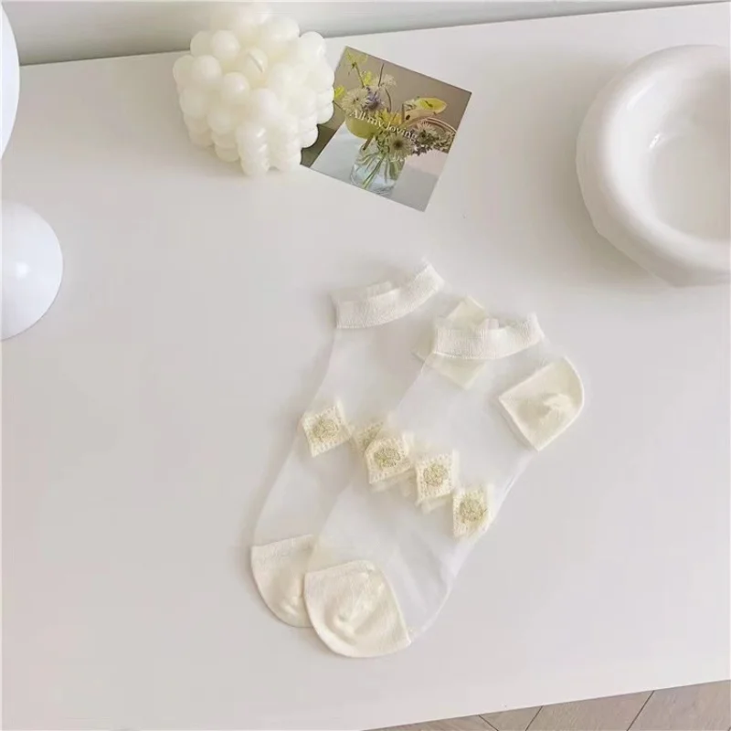 5 Pairs Summer Women White Glass Silk Breathable Sexy Transparent Socks Low Tube Thin Bubble Short Socks