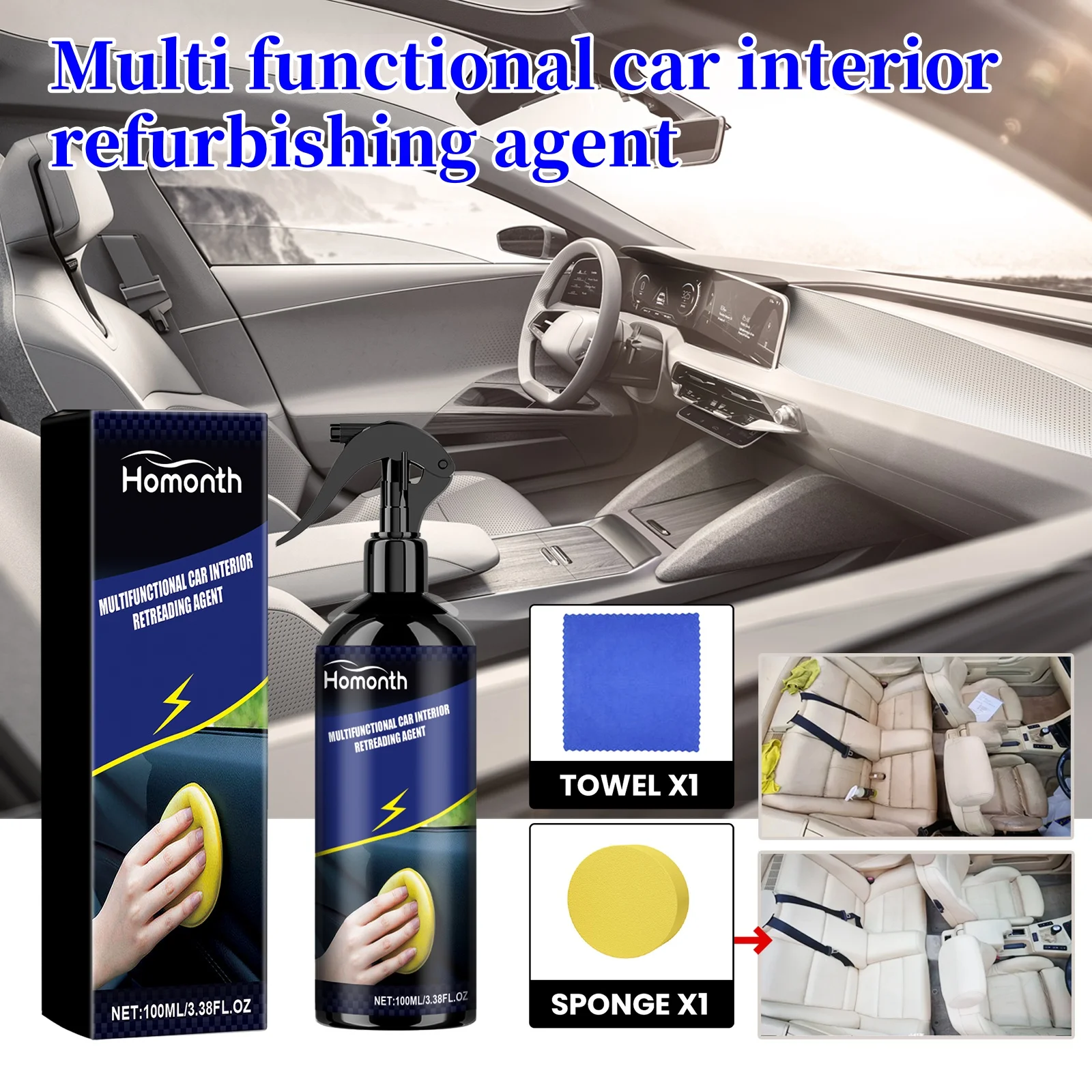 Homonth Multifunctional Car Interior Retreading Agent Wax Retreading Agent Renewed Refurbishing Cleaner Spray Supplies 100ml